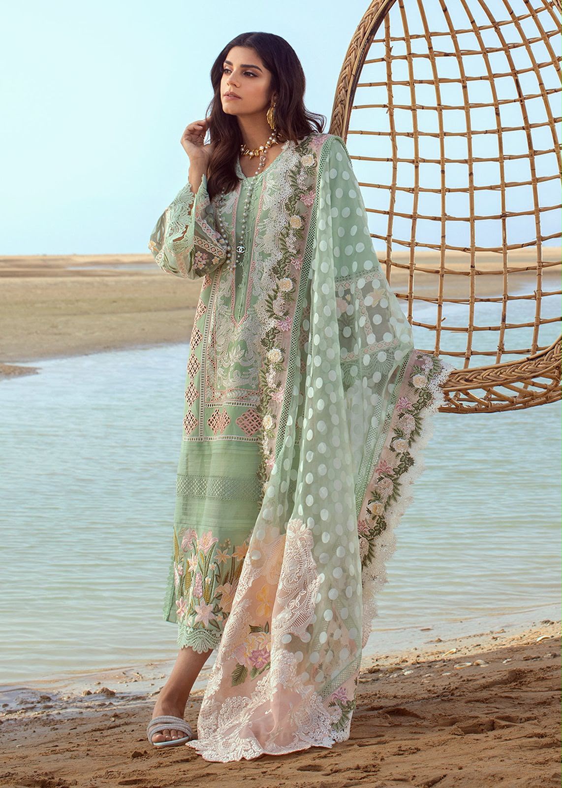Soft mint lawn cotton suit with premium jacquard dupatta full model view
