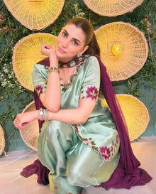 Soft mint silk suit with deep plum chiffon dupatta model view