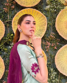 Soft mint shamooz silk suit sleeve embroidery model view
