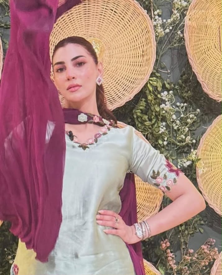 Soft mint silk suit with deep plum chiffon dupatta model view