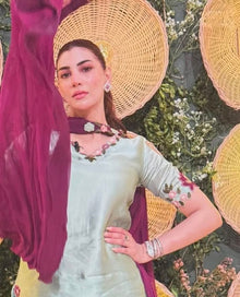 Soft mint silk suit with deep plum chiffon dupatta model view