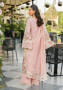 Soft pink cotton suit with embroidered khaadi net dupatta back model view