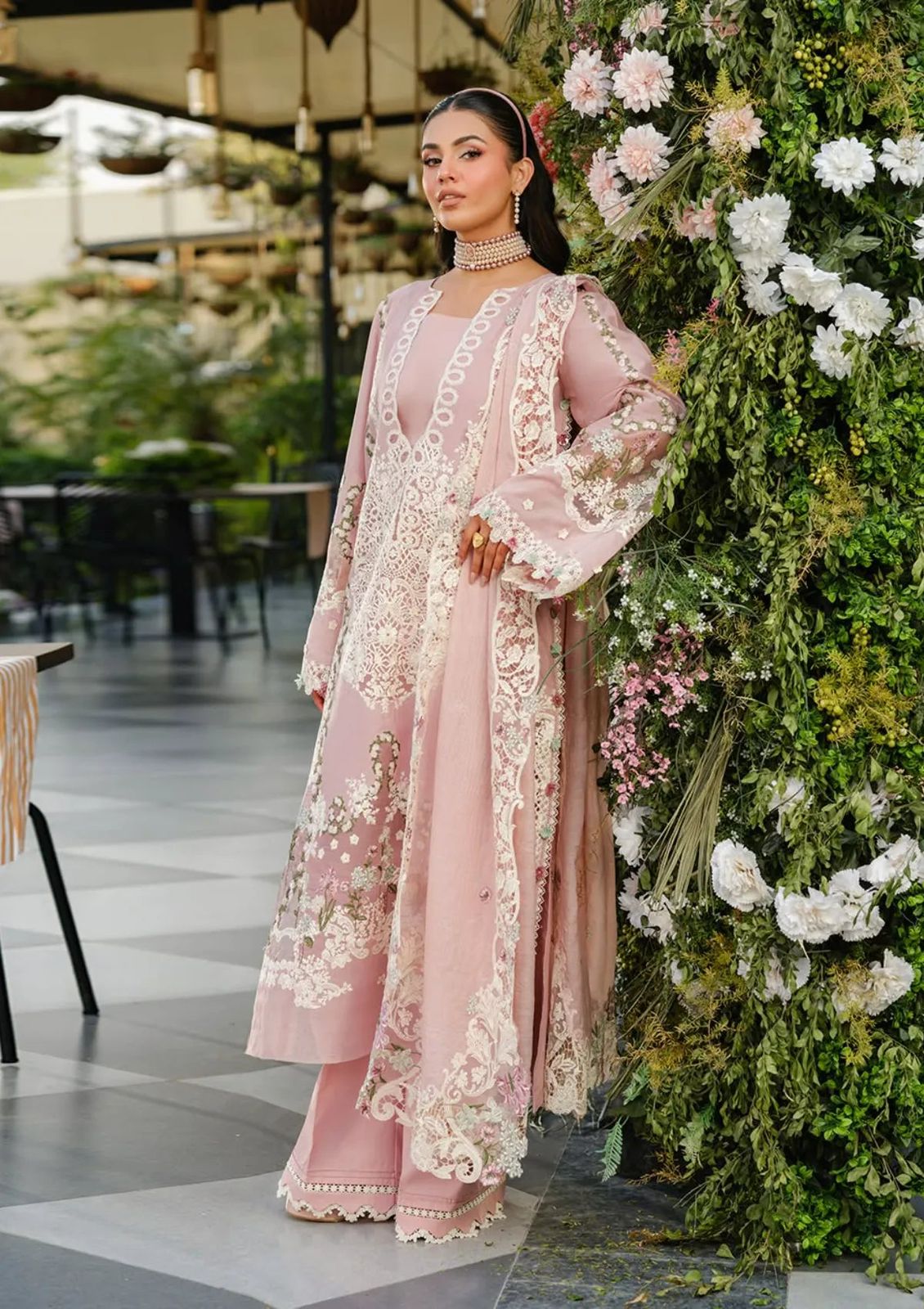 Soft pink embroidered cotton 3 piece unstitched suit standing model view