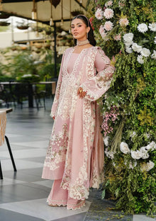 Soft pink embroidered cotton 3 piece unstitched suit standing model view