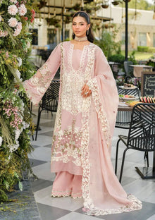 Soft pink heavy embroidered chikankari cotton 3 piece unstitched suit front model view
